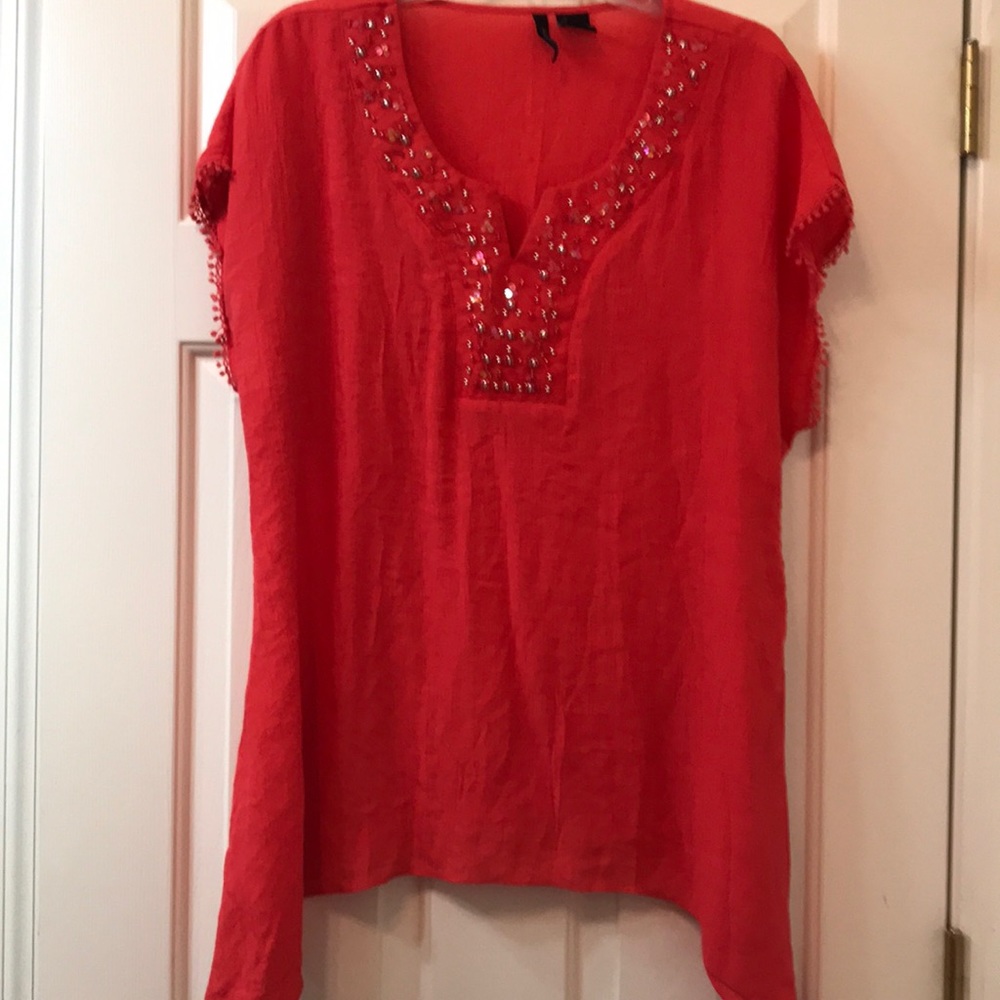 Women’s crop sleeve top with sequin neck line